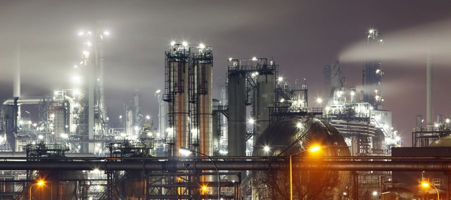 Refinery lit up at night